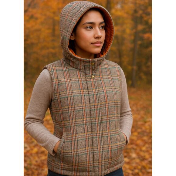 Etcetera Tan Plaid Hooded Puffer Vest NWT - Picture 2 of 11